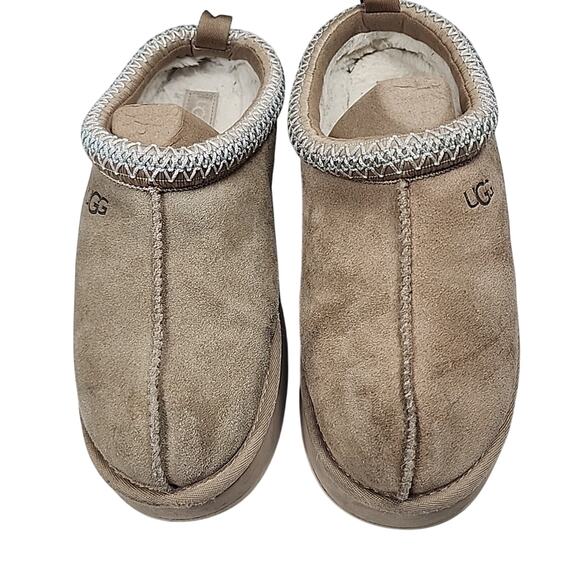 UGG Tazz Slipper Women's Clogs Size 10 Sand Suede Sheepskin Platform - Picture 3 of 10